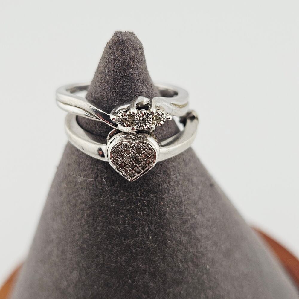 925 Sterling Silver Pair Of Rings Size 7 Crystal Heart Dainty Everyday Elevated